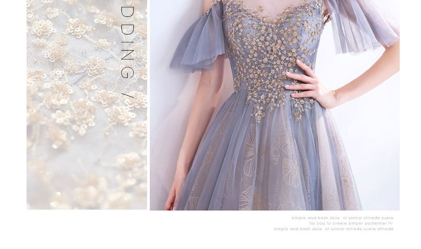 Short-Sleeve Floral Sequin Mesh Panel A-Line Evening Gown