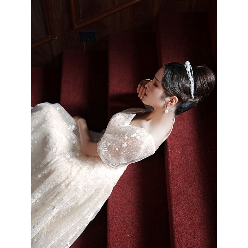 Puff-Sleeve Floral A-Line Evening Gown