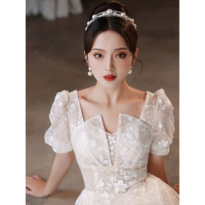 Puff-Sleeve Floral A-Line Evening Gown