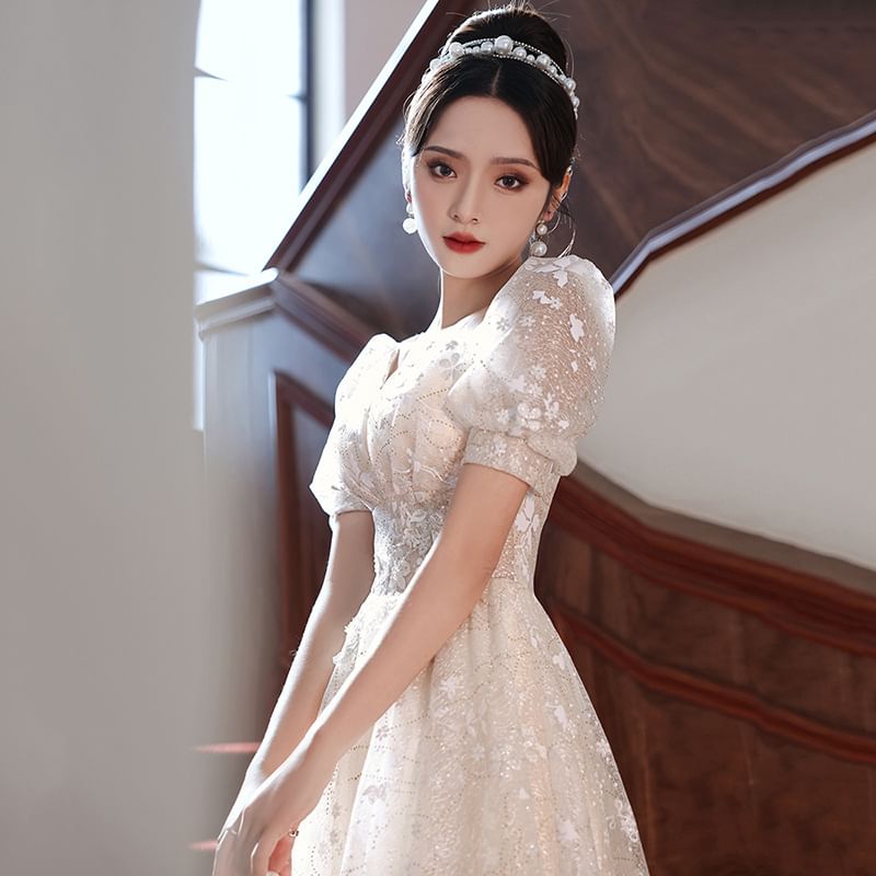 Puff-Sleeve Floral A-Line Evening Gown