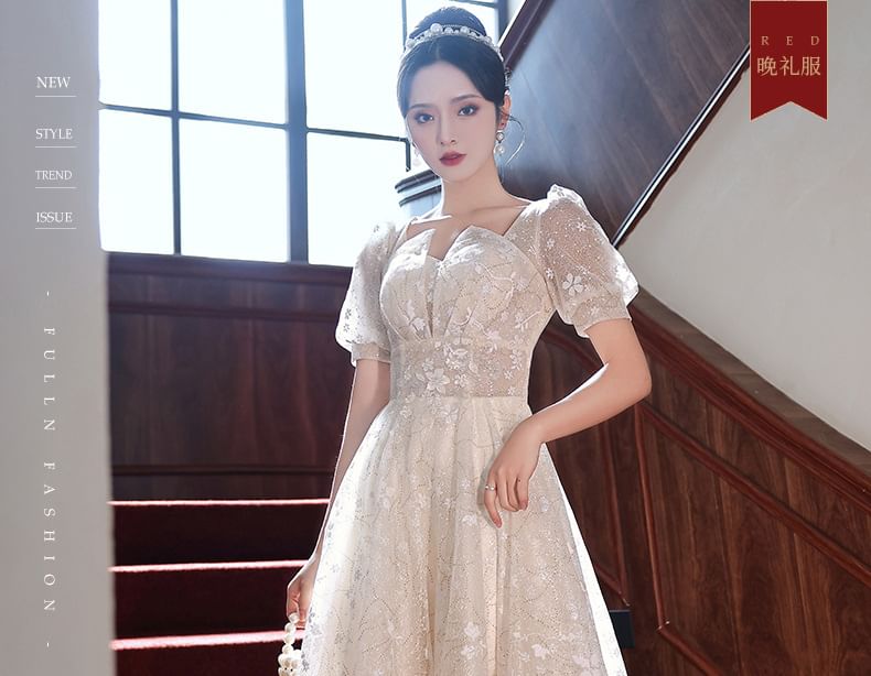 Puff-Sleeve Floral A-Line Evening Gown