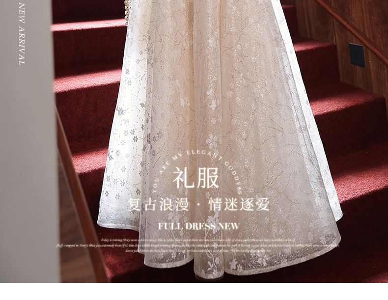 Puff-Sleeve Floral A-Line Evening Gown