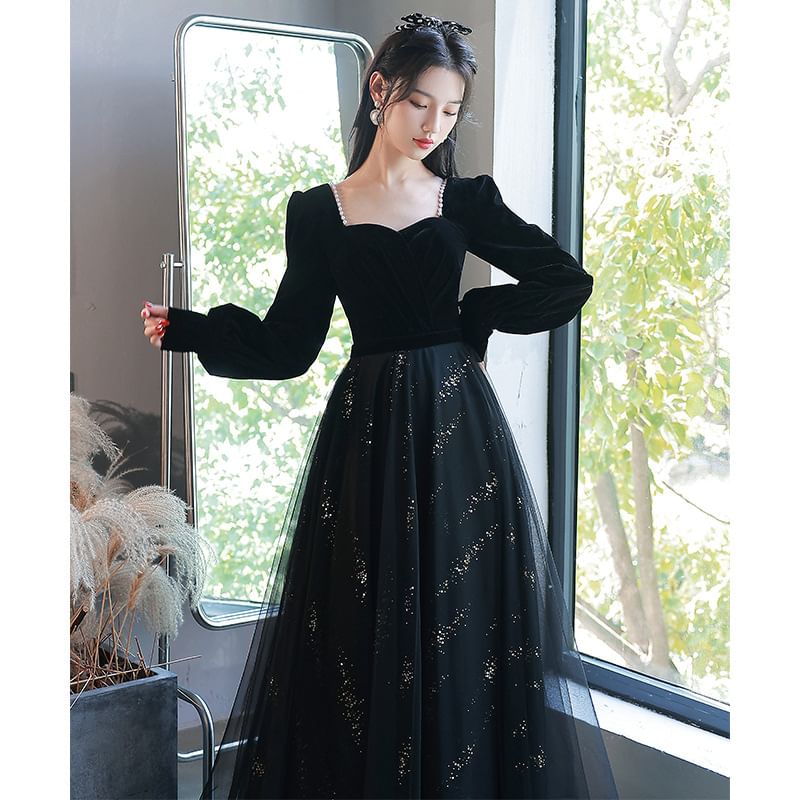 Long-Sleeve Sequin A-Line Evening Gown