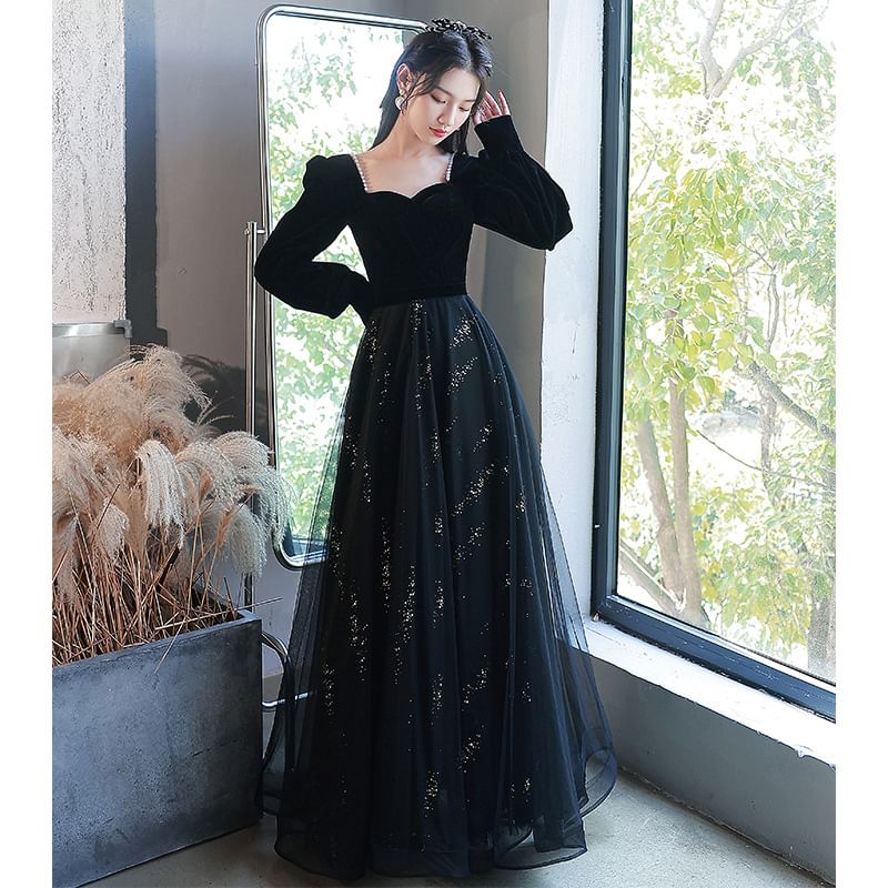 Long-Sleeve Sequin A-Line Evening Gown