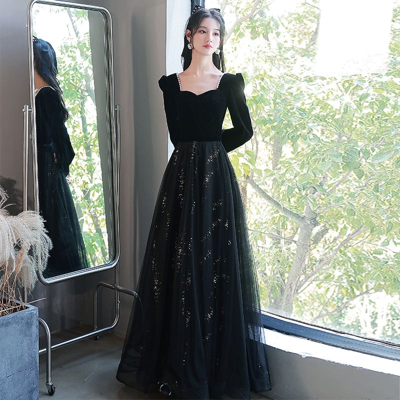 Long-Sleeve Sequin A-Line Evening Gown