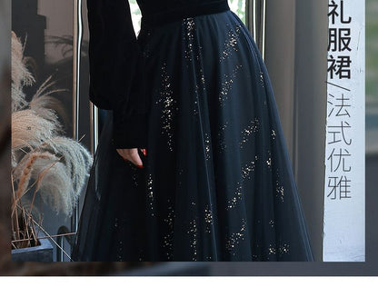 Long-Sleeve Sequin A-Line Evening Gown