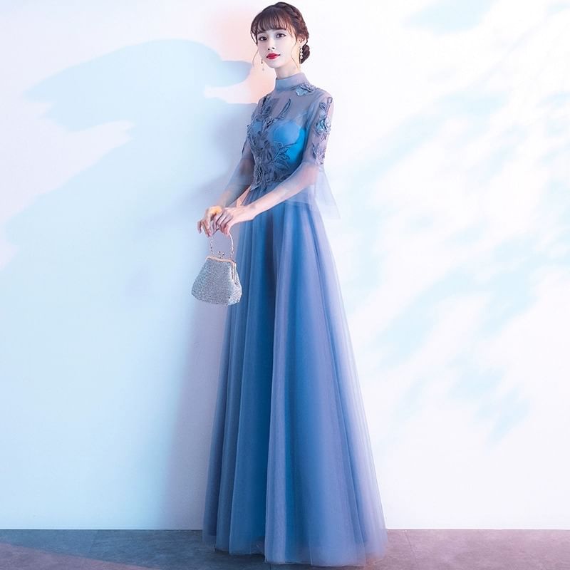 Flared-Sleeve Flower Embroidered Mesh Panel A-Line Evening Gown