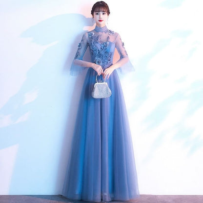 Flared-Sleeve Flower Embroidered Mesh Panel A-Line Evening Gown