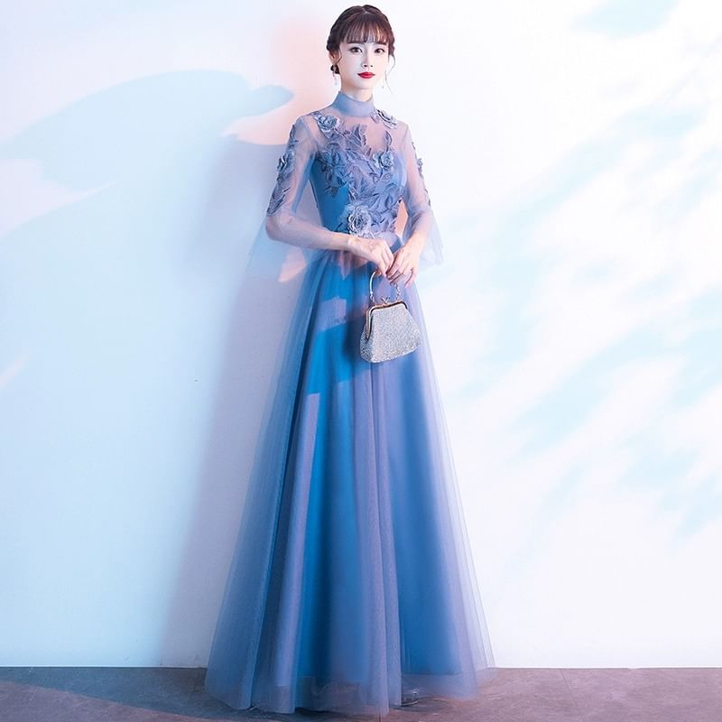 Flared-Sleeve Flower Embroidered Mesh Panel A-Line Evening Gown