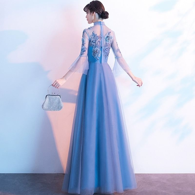 Flared-Sleeve Flower Embroidered Mesh Panel A-Line Evening Gown