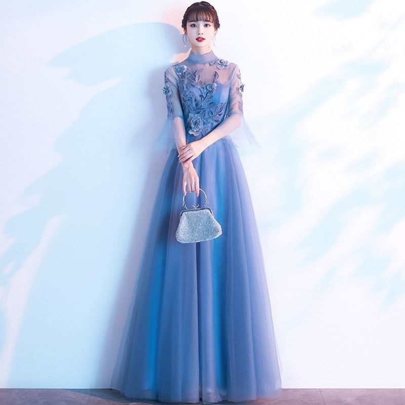 Flared-Sleeve Flower Embroidered Mesh Panel A-Line Evening Gown