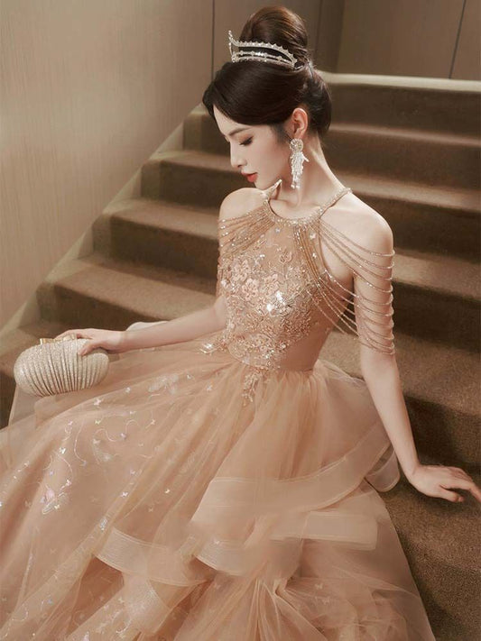 Cold-Shoulder Butterfly Print Sequin Strappy A-Line Evening Gown