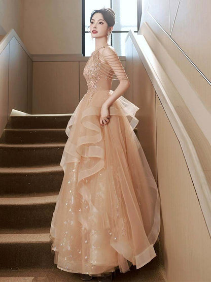 Cold-Shoulder Butterfly Print Sequin Strappy A-Line Evening Gown