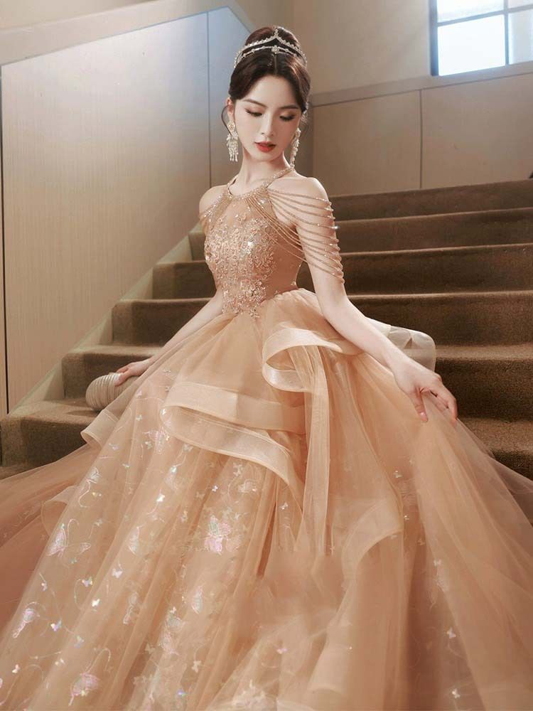 Cold-Shoulder Butterfly Print Sequin Strappy A-Line Evening Gown