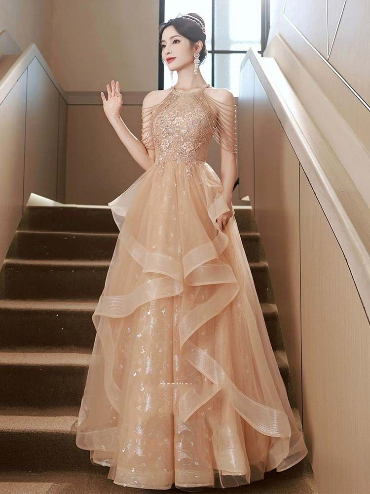 Cold-Shoulder Butterfly Print Sequin Strappy A-Line Evening Gown