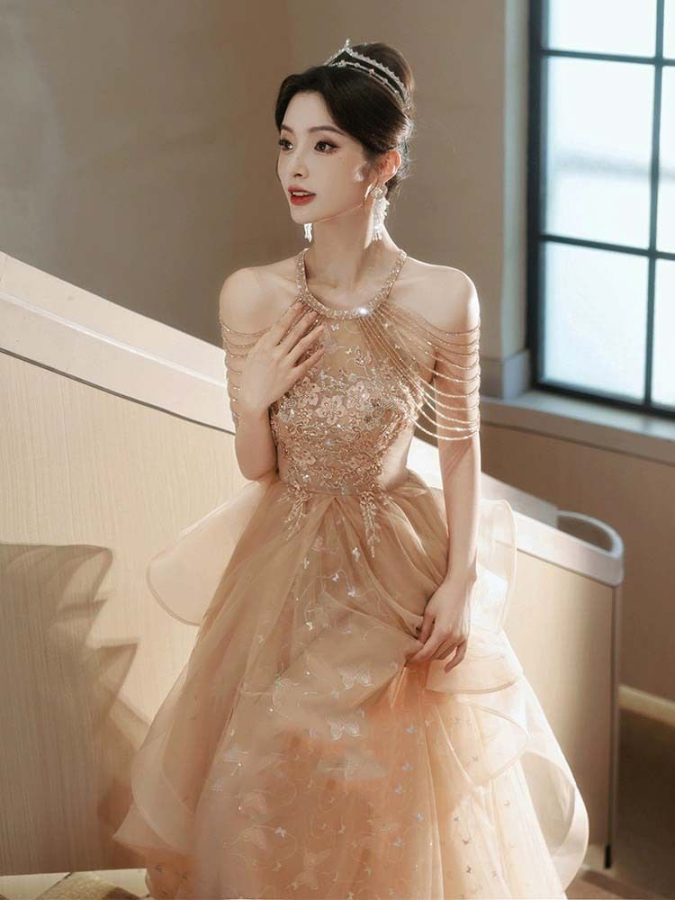 Cold-Shoulder Butterfly Print Sequin Strappy A-Line Evening Gown