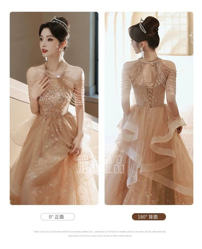 Cold-Shoulder Butterfly Print Sequin Strappy A-Line Evening Gown