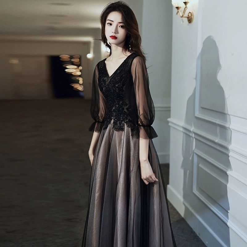Puff-Sleeve V-Neck Flower Embroidered Mesh Panel A-Line Evening Gown