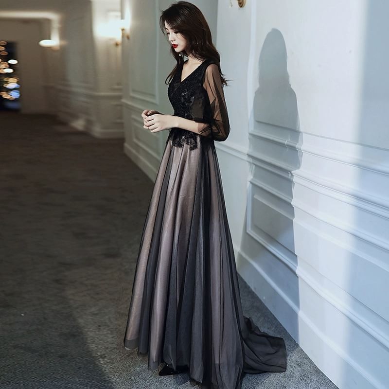 Puff-Sleeve V-Neck Flower Embroidered Mesh Panel A-Line Evening Gown
