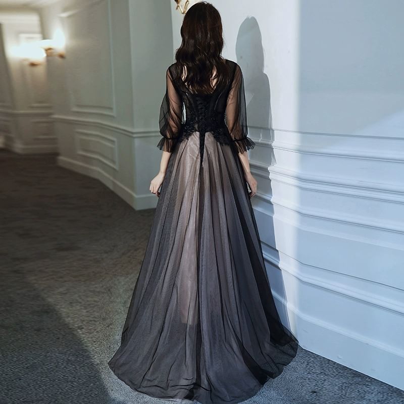 Puff-Sleeve V-Neck Flower Embroidered Mesh Panel A-Line Evening Gown