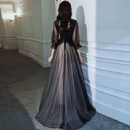 Puff-Sleeve V-Neck Flower Embroidered Mesh Panel A-Line Evening Gown