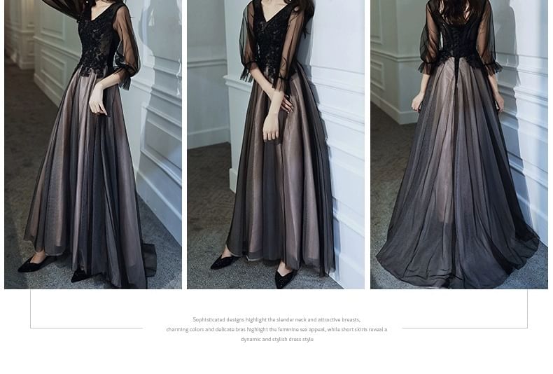 Puff-Sleeve V-Neck Flower Embroidered Mesh Panel A-Line Evening Gown