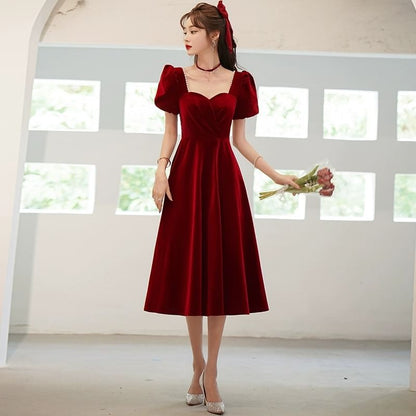 Puff-Sleeve Sweetheart Neckline Plain Midi A-Line Cocktail Dress