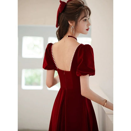 Puff-Sleeve Sweetheart Neckline Plain Midi A-Line Cocktail Dress