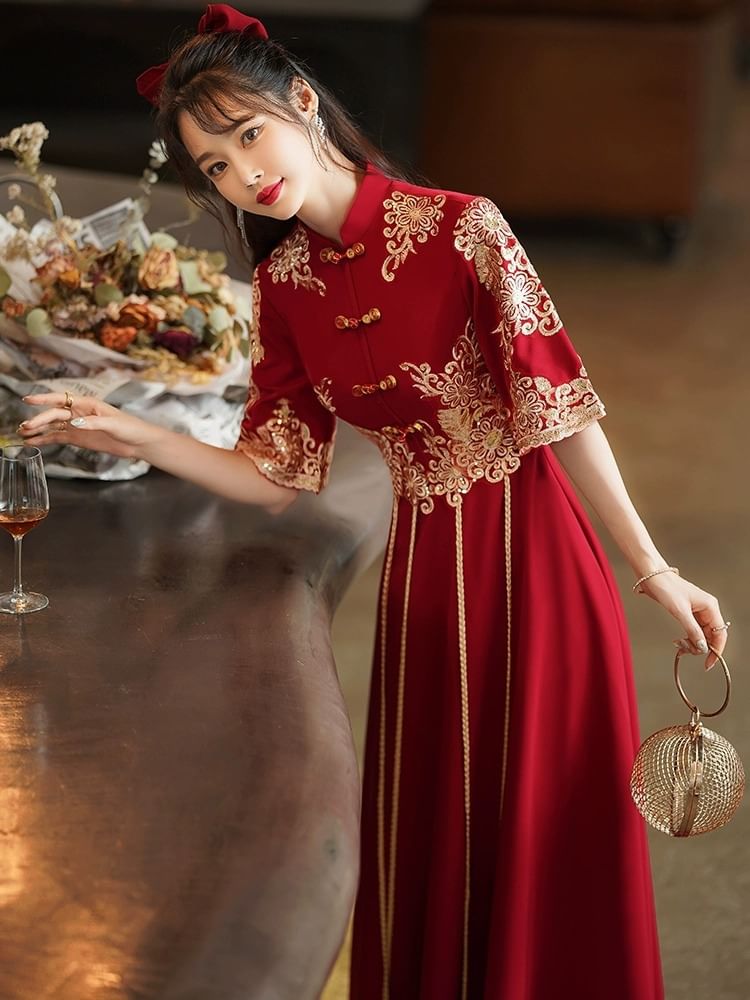 Flared-Sleeve Mock Neck Flower Embroidered Sequin A-Line Evening Gown