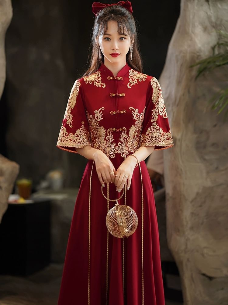 Flared-Sleeve Mock Neck Flower Embroidered Sequin A-Line Evening Gown