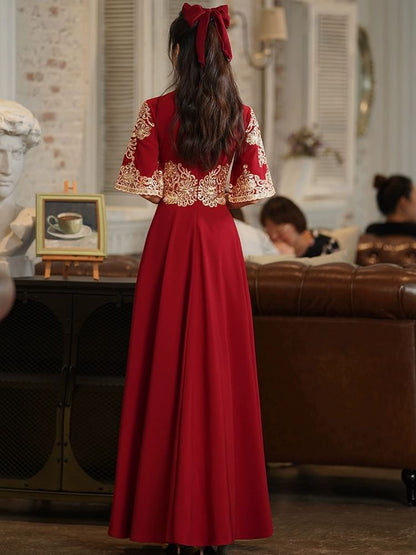 Flared-Sleeve Mock Neck Flower Embroidered Sequin A-Line Evening Gown