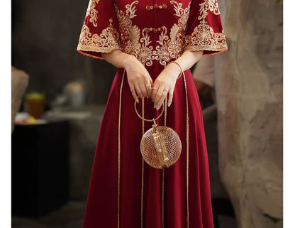 Flared-Sleeve Mock Neck Flower Embroidered Sequin A-Line Evening Gown