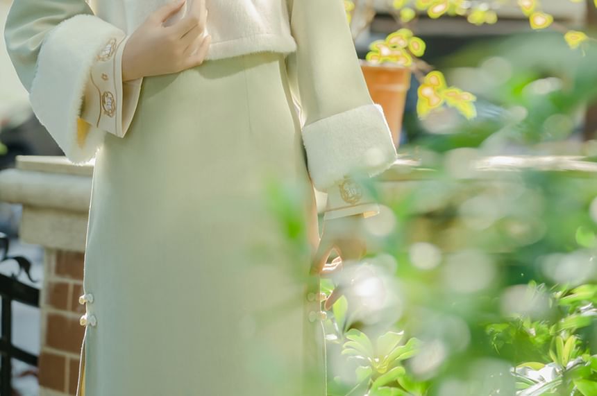 Set: Long-Sleeve Fleece Panel Midi A-Line Qipao + Square Neck Crop Button Vest