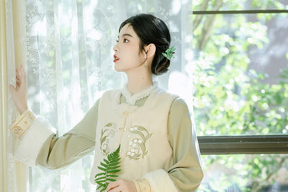 Set: Long-Sleeve Fleece Panel Midi A-Line Qipao + Square Neck Crop Button Vest