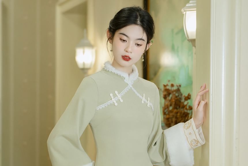 Set: Long-Sleeve Fleece Panel Midi A-Line Qipao + Square Neck Crop Button Vest