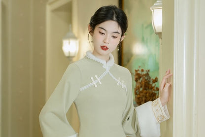 Set: Long-Sleeve Fleece Panel Midi A-Line Qipao + Square Neck Crop Button Vest