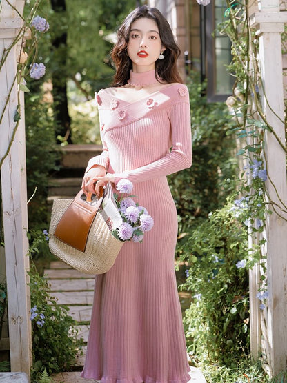 Set: Long-Sleeve Off-Shoulder Plain Flower Accent Midi Knit Sheath Dress + Choker