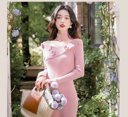 Set: Long-Sleeve Off-Shoulder Plain Flower Accent Midi Knit Sheath Dress + Choker