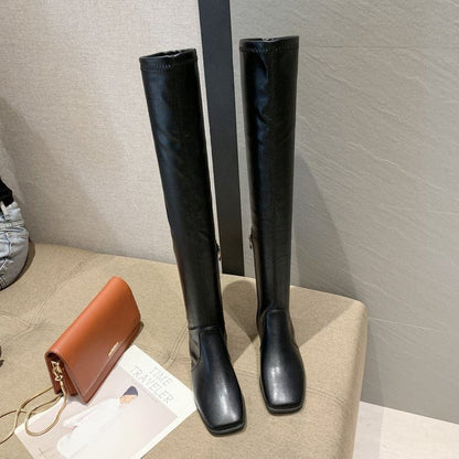 Square-Toe Chunky Heel Over-the-Knee Boots