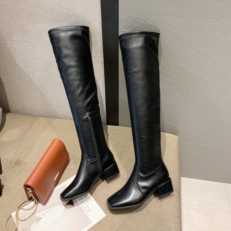 Square-Toe Chunky Heel Over-the-Knee Boots