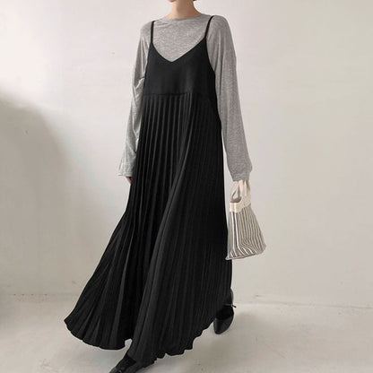 V-Neck Pleated A-Line Maxi with Thin Straps