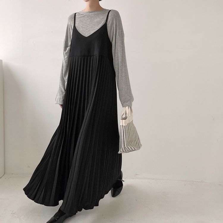 V-Neck Pleated A-Line Maxi with Thin Straps
