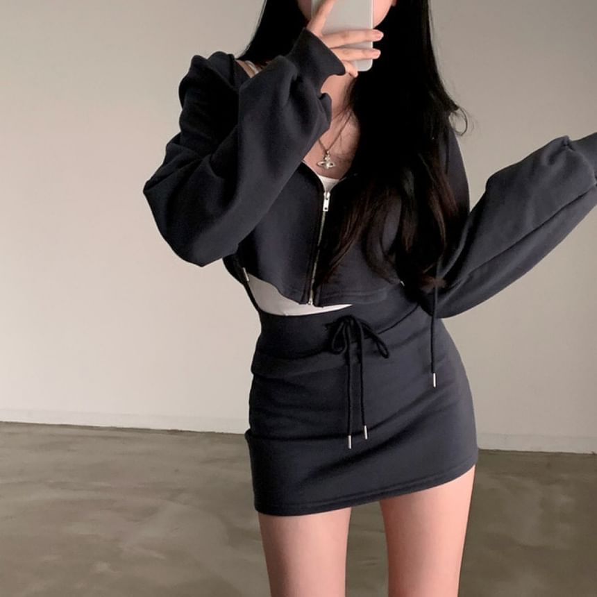 Zip Hoodie and Drawstring Pencil Skirt Set