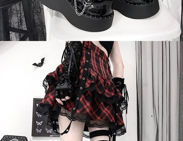 Platform Studded Buckled Cross Lace Up Shoes