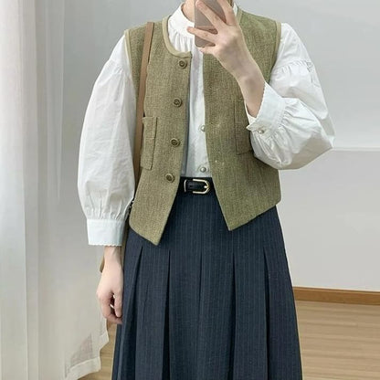 Shirt, Vest, and Pinstriped Pleated Skirt Set