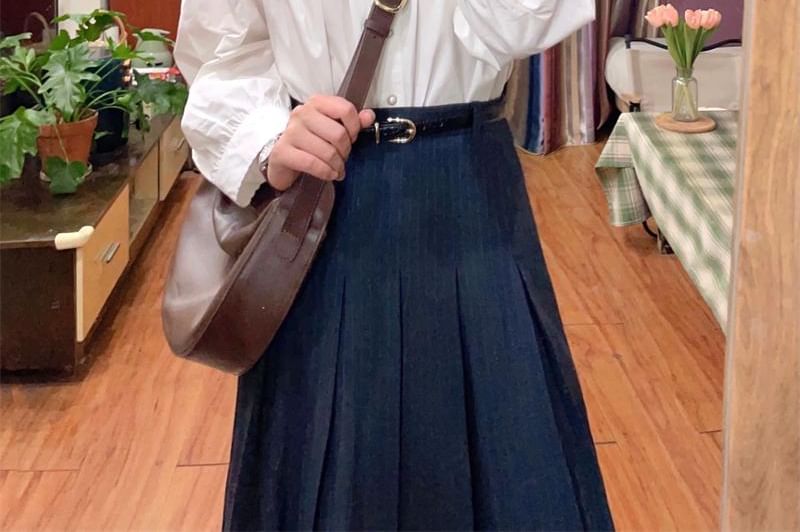 Shirt, Vest, and Pinstriped Pleated Skirt Set