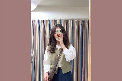Shirt, Vest, and Pinstriped Pleated Skirt Set