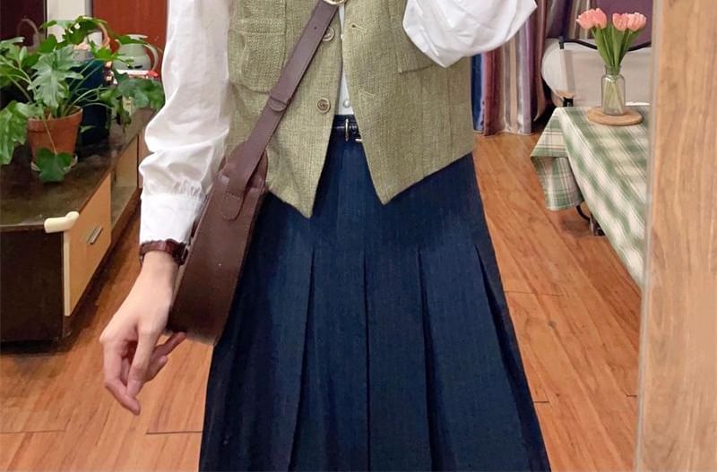 Shirt, Vest, and Pinstriped Pleated Skirt Set