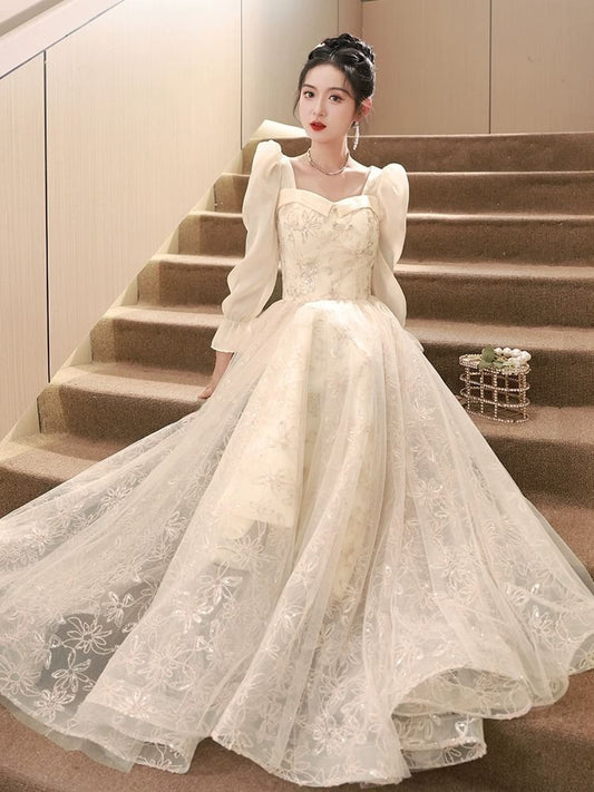 Long-Sleeve Square Neck Rhinestone  Plain Ruffle A-Line Evening Gown