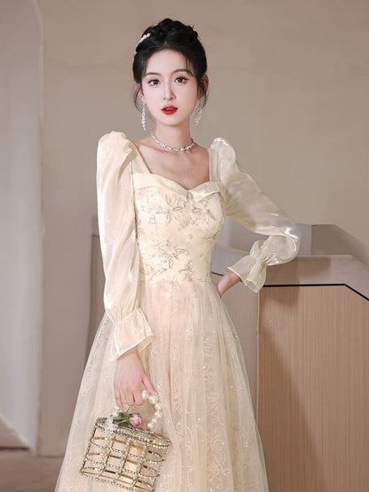 Long-Sleeve Square Neck Rhinestone  Plain Ruffle A-Line Evening Gown